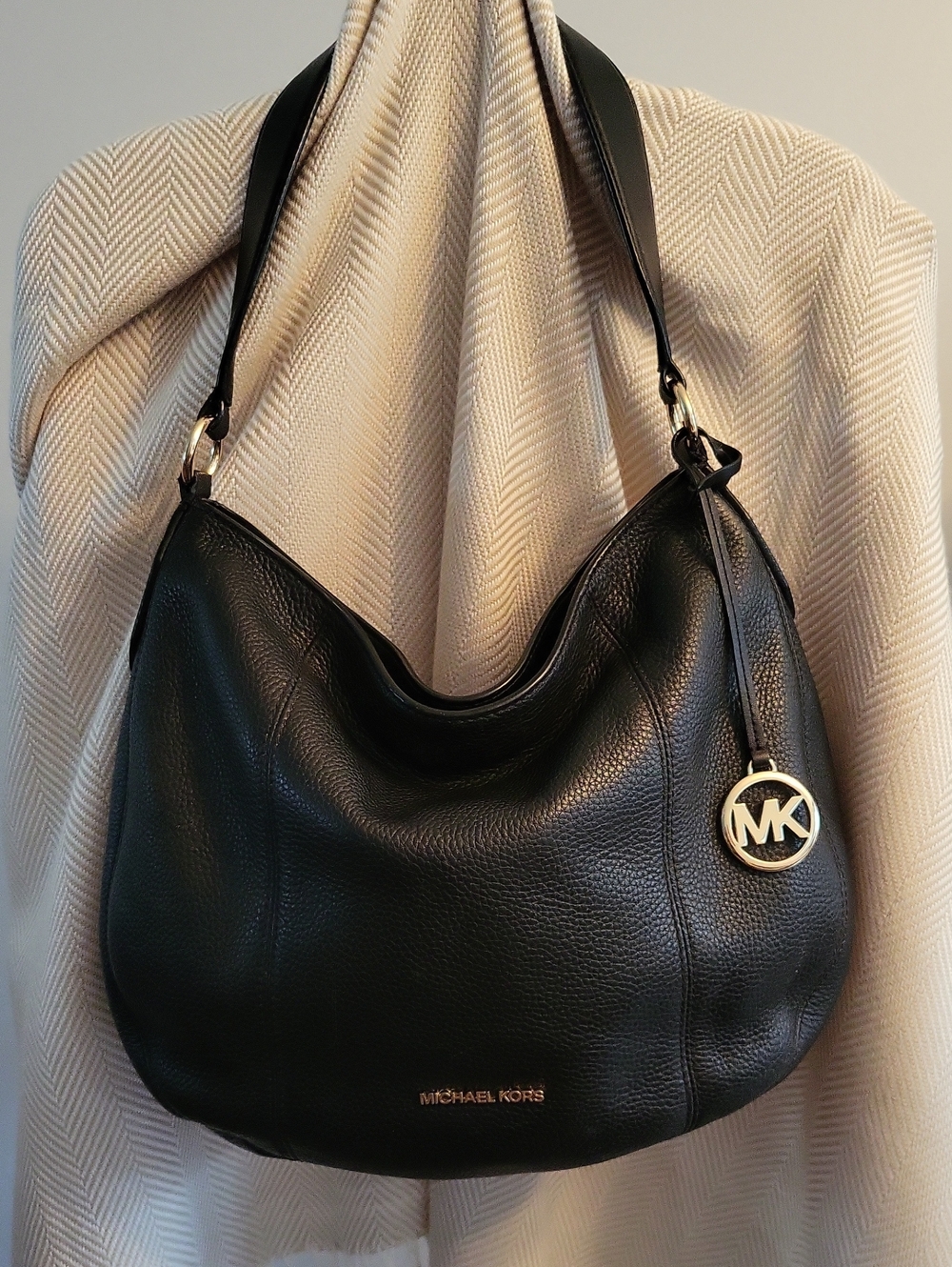 Michael Kors Black Leather Shoulder Hobo with Gold MK Charm
